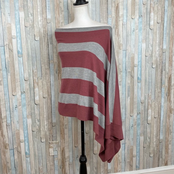 Soft Surroundings Sweaters - Soft Surroundings OS Striped Asymmetric Red Gray Cozy Knit Poncho Wrap Sweater